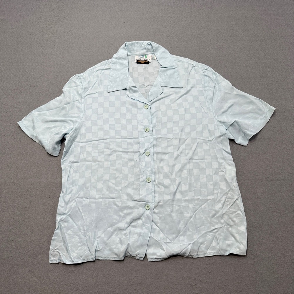 Mark Edwards Shirt Women's 14 Blue Checkered Button Up Rayon Canada Made Vintage